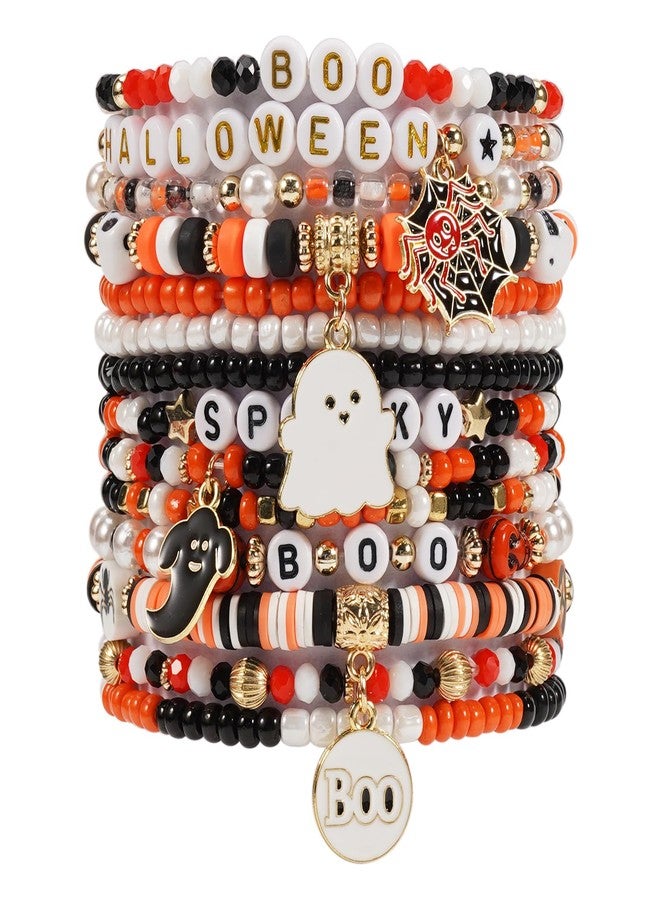 Lonext 10pcs Halloween Bracelets Friendship Clay Preppy Heishi Boo Ghost Pumpkin Charm Beads Stackable Bracelet for Women - Image 1